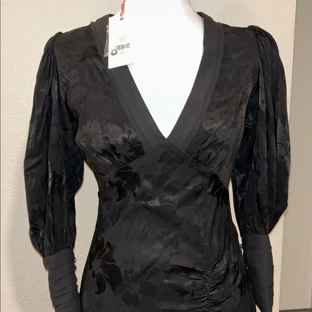 LoveShackFancy Black Jacquard Puff Sleeve Mini Dress XS Satin Ruffle Hem NWT - Picture 3 of 16